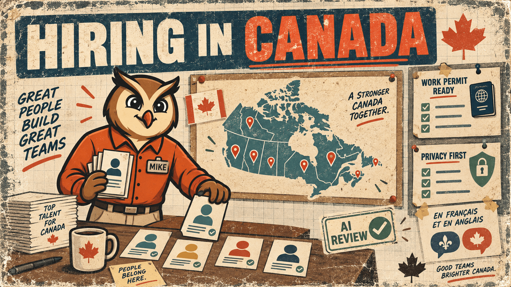 Retro HireMike poster with Mike organizing candidate cards beside a Canada hiring map, work permit notes, privacy checks, and AI review notes.
