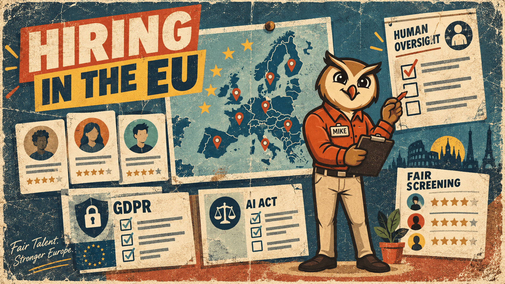 Retro HireMike poster with Mike reviewing an EU hiring map, candidate cards, GDPR notes, AI Act checks, and human oversight notes.