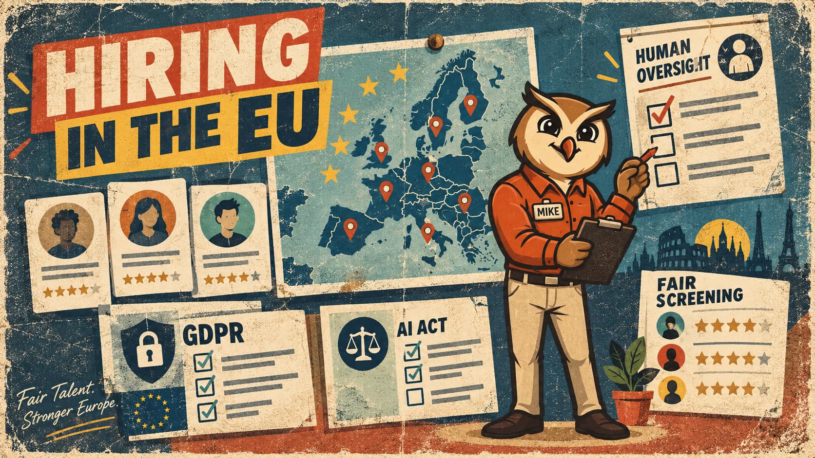 Retro HireMike poster with Mike reviewing an EU hiring map, candidate cards, GDPR notes, AI Act checks, and human oversight notes.