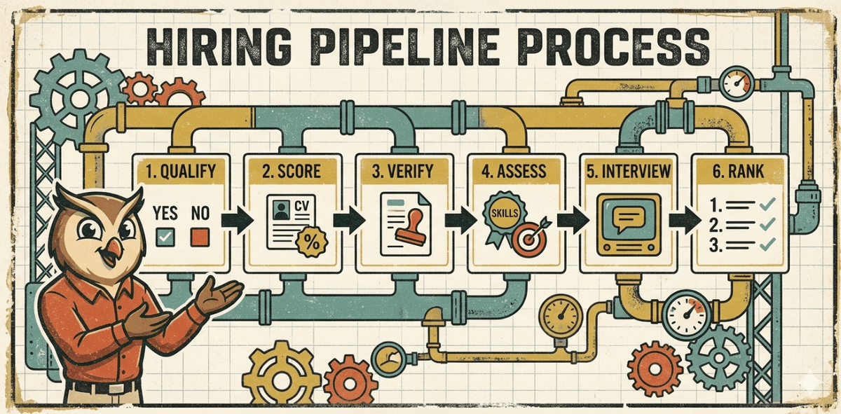 How a candidate screening platform works: a six-stage pipeline from qualification screening through to candidate ranking