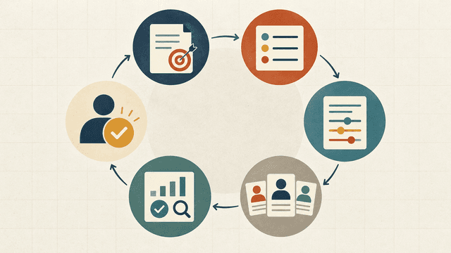 A six-stage assessment pilot moves from a role brief and criteria through configuration, a small candidate group, measurement and a reviewed human decision.