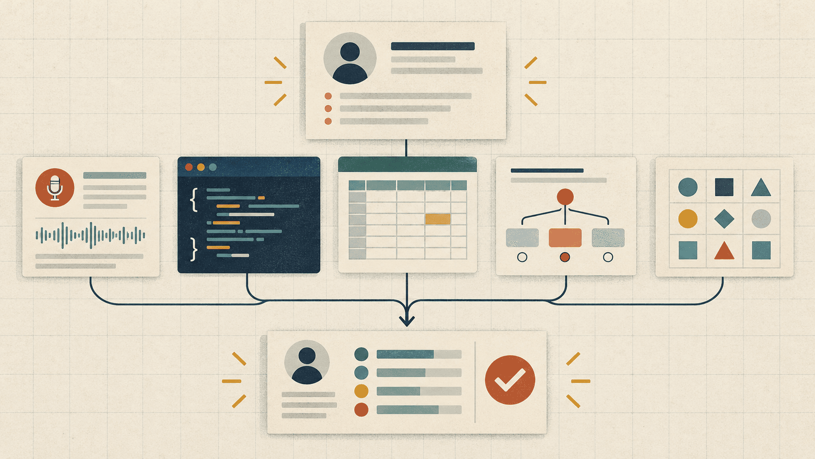 Five assessment methods—structured interview, coding, spreadsheet, situational judgement and cognitive exercise—feed into one reviewed hiring scorecard.