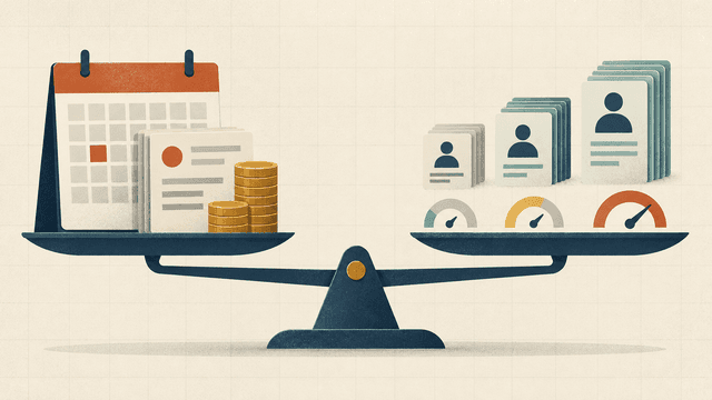 An annual calendar and fixed invoices balance against small, medium and large candidate groups with usage meters.