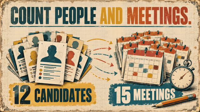 Candidate cards labelled 12 candidates connect to calendar cards labelled 15 meetings, beside a stopwatch.