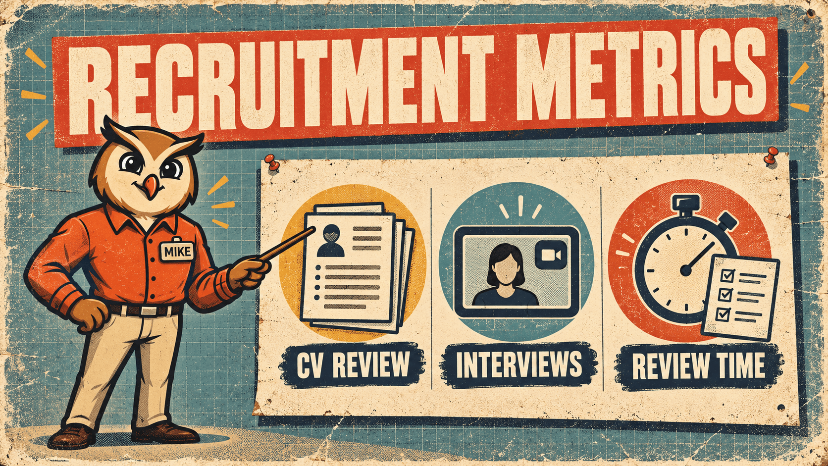 Mike the owl points to a recruitment metrics board showing CV review, interviews and review time.