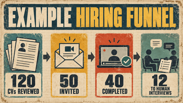 Fictional hiring funnel: 120 CVs reviewed, 50 screening invitations, 40 completed interviews and 12 candidates advancing to human interviews.