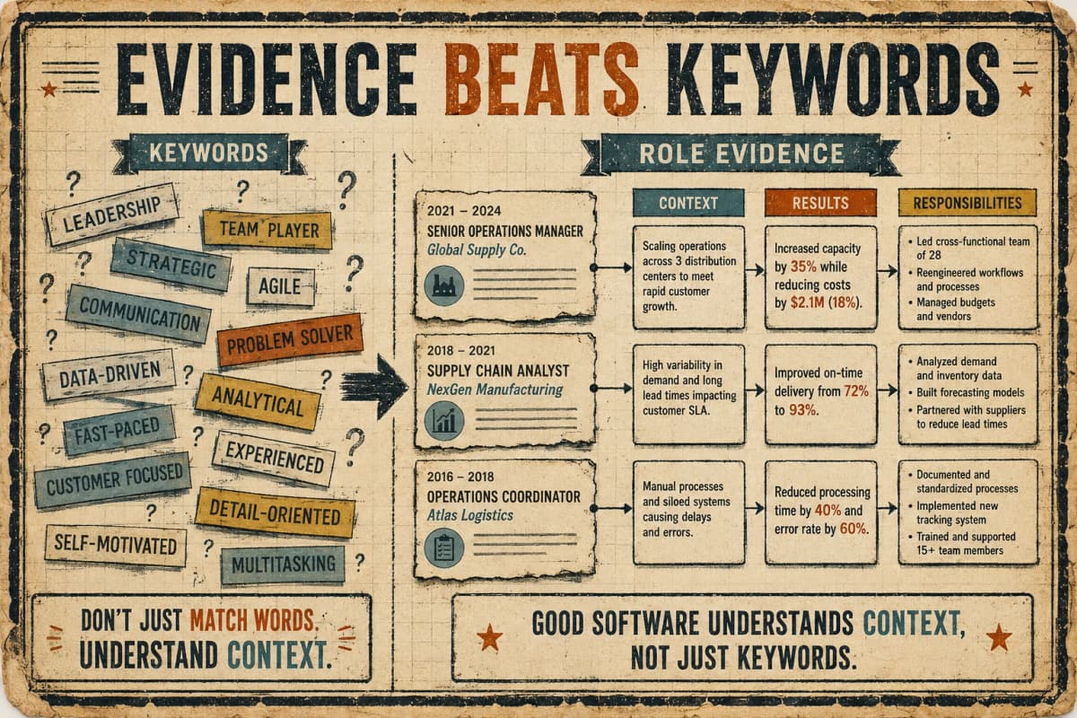 A structured evidence board contrasts shallow keyword matching with role-specific context, results, and responsibilities.