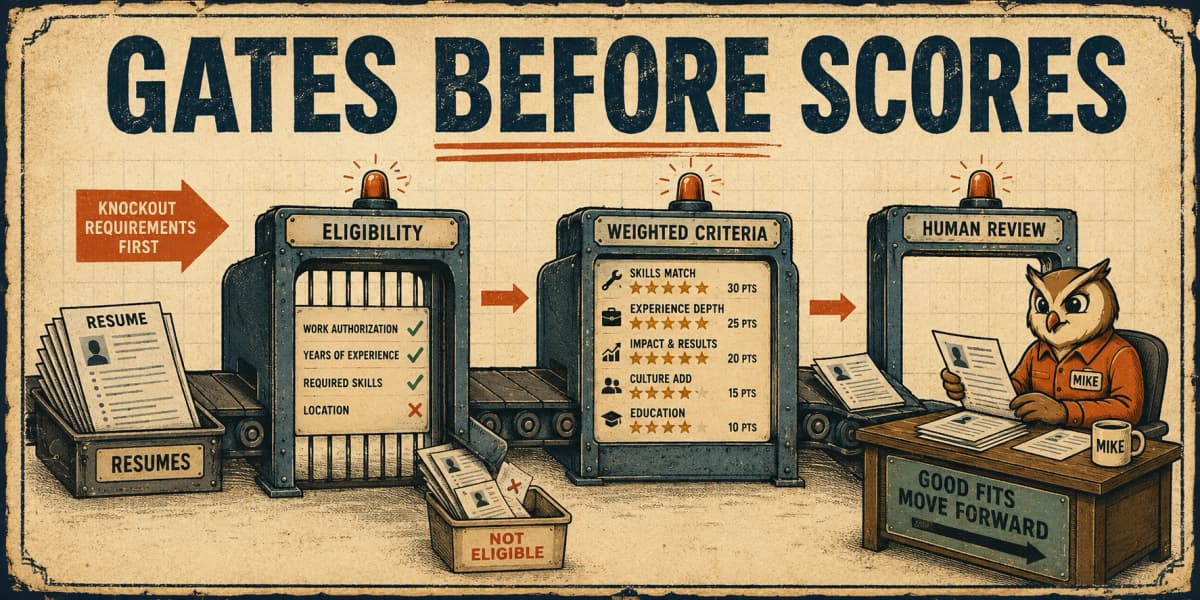 A screening workflow shows eligibility gates before weighted criteria and human review.