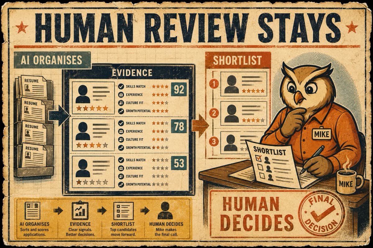 AI organises resume evidence into a shortlist while Mike keeps the final hiring decision with the human reviewer.