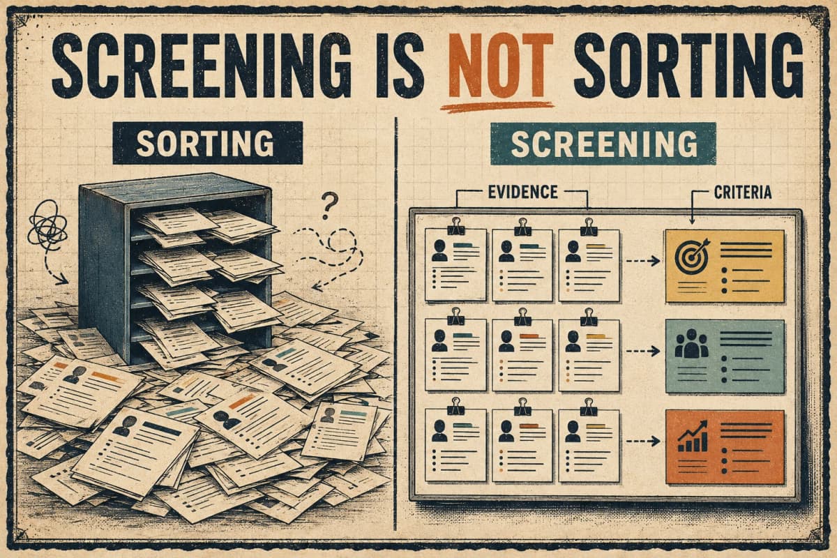 A vintage diagram shows that resume screening explains candidate evidence while sorting only puts resumes in order.