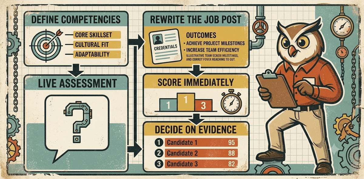 Four-step skill-based hiring process for small businesses: define competencies, rewrite the job post around outcomes, conduct live assessment with structured questions, score immediately, then decide on evidence