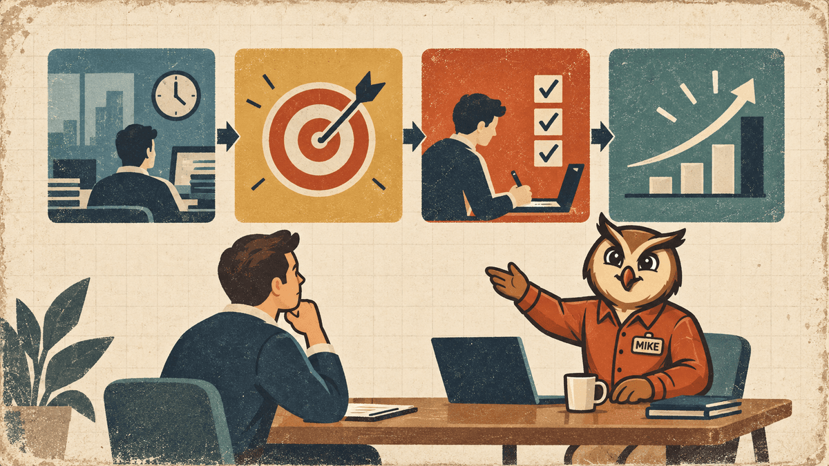 A candidate prepares a STAR interview response with Mike the owl guiding the four stages.