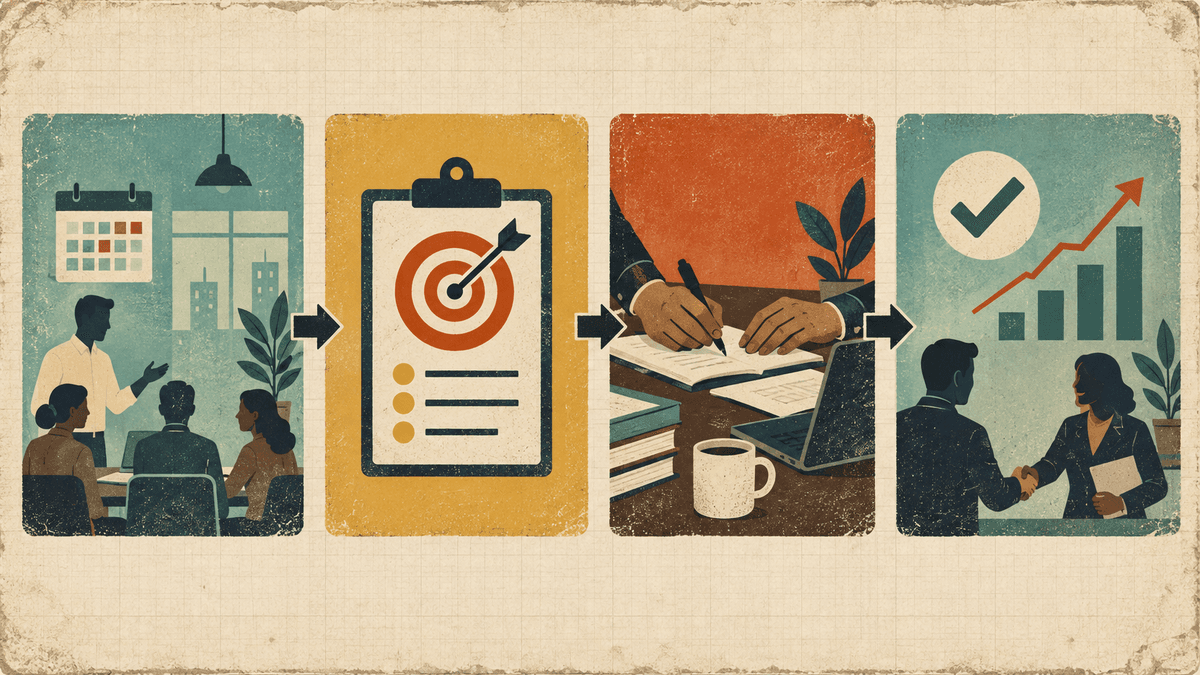 Four visual stages show context, responsibility, action, and measurable result in a STAR interview answer.