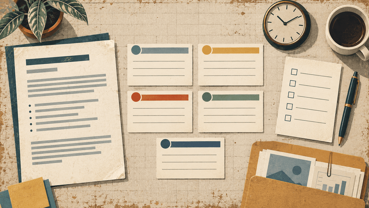 A job description and five prepared story cards arranged for STAR interview practice.