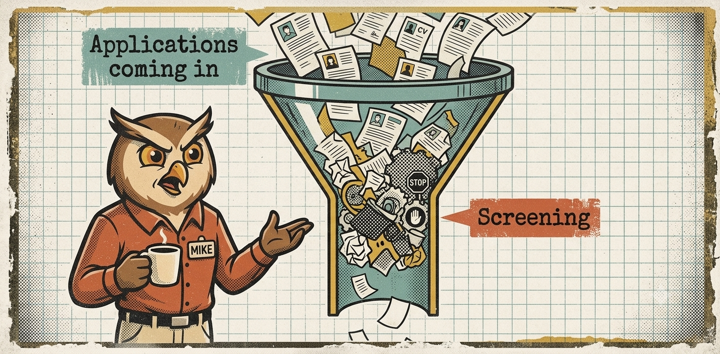 Applications pouring into a screening funnel — the bottleneck most small businesses actually face