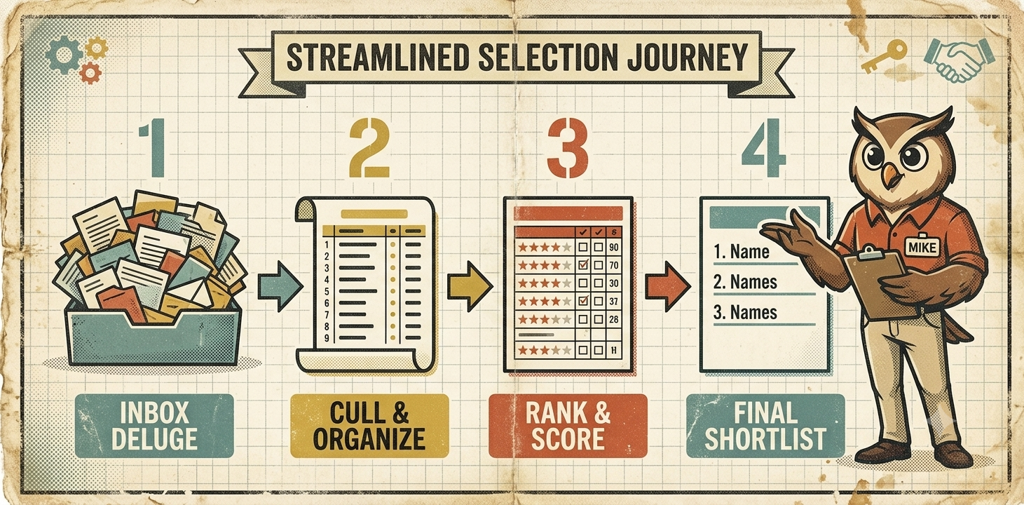 Four-step candidate selection process: inbox deluge, cull and organise, rank and score, final shortlist
