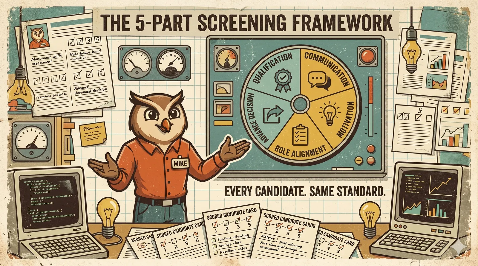 Illustration of a five-part screening framework dashboard covering qualification, communication, motivation, role alignment, and advancement decision