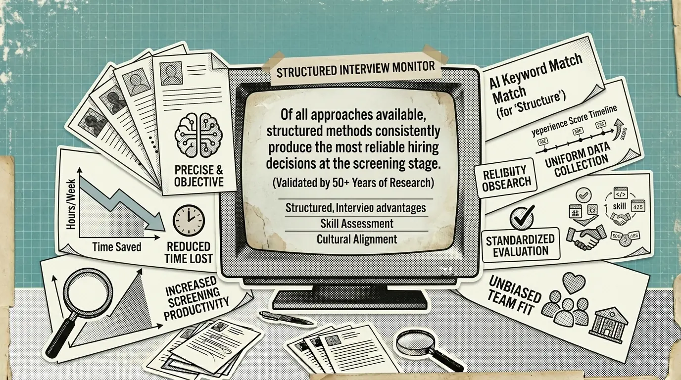 Diagram showing which interview method to use at each hiring stage: AI-led screening early, behavioural mid-stage, semi-structured for final interviews