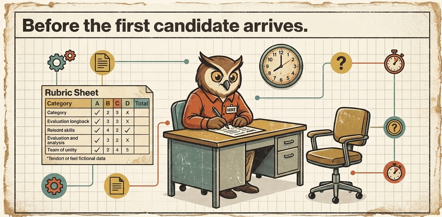 Mike the owl sitting at a desk completing a rubric sheet before any interviews begin, illustrating that rubric anchors must be written before the first candidate arrives