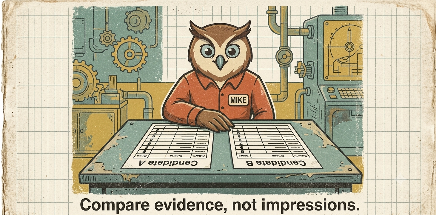 Mike the owl sitting at a table comparing two candidate scorecards side by side, with the caption 'Compare evidence, not impressions'