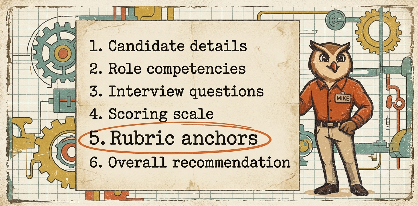 The six components of a functional interview scorecard: candidate details, role competencies, interview questions, scoring scale, rubric anchors (highlighted as the most critical element), and overall recommendation