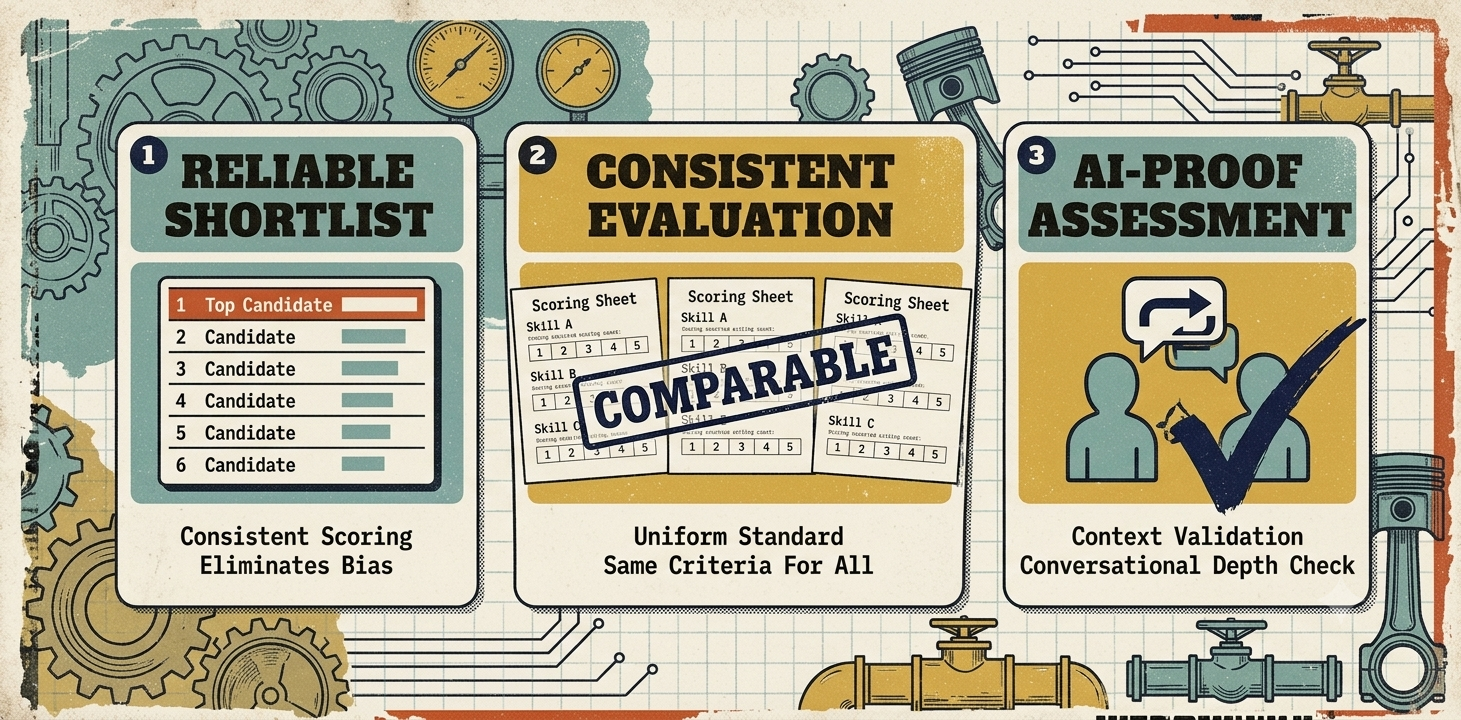 Three outcomes of skill-based hiring: a reliable shortlist through consistent scoring that eliminates bias, comparable evaluation with the same criteria applied to all candidates, and AI-proof live assessment through conversational depth checks