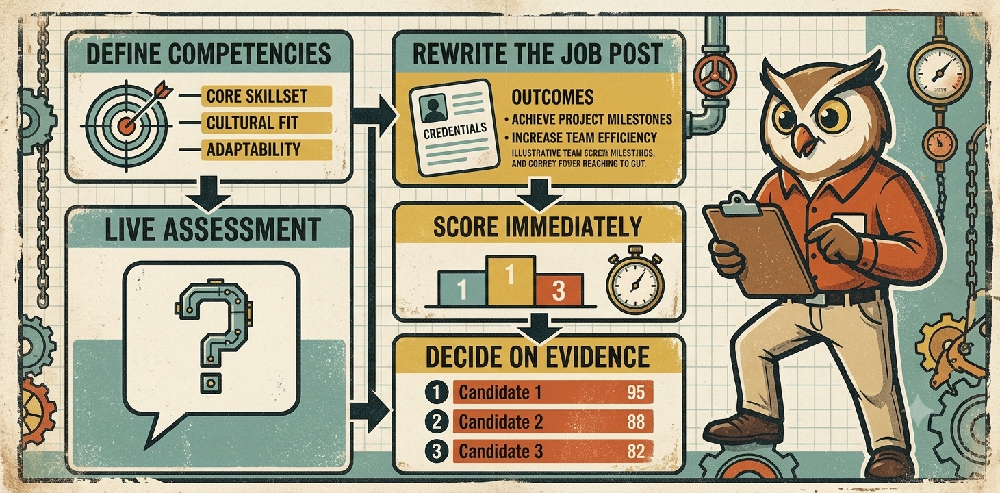 Four-step skill-based hiring process for small businesses: define competencies, rewrite the job post around outcomes, conduct live assessment with structured questions, score immediately, then decide on evidence