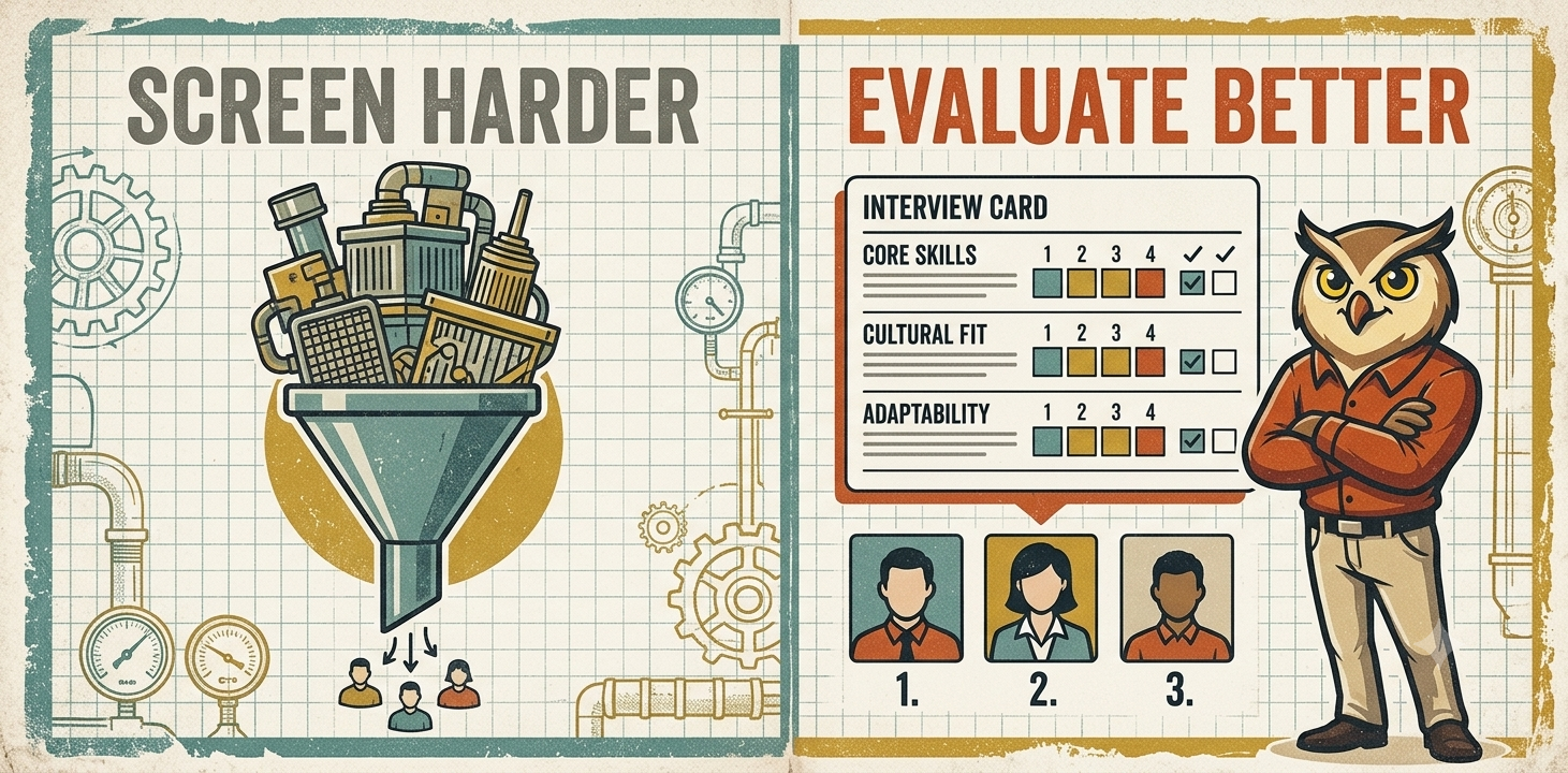 Split panel: 'Screen Harder' showing a heavy filtering funnel that produces few candidates versus 'Evaluate Better' showing Mike the owl with a structured interview scorecard rating core skills, cultural fit, and adaptability