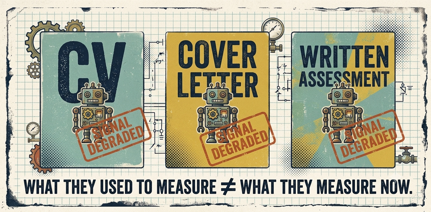 CV, cover letter, and written assessment each stamped 'Signal Degraded' — what they used to measure no longer equals what they measure now